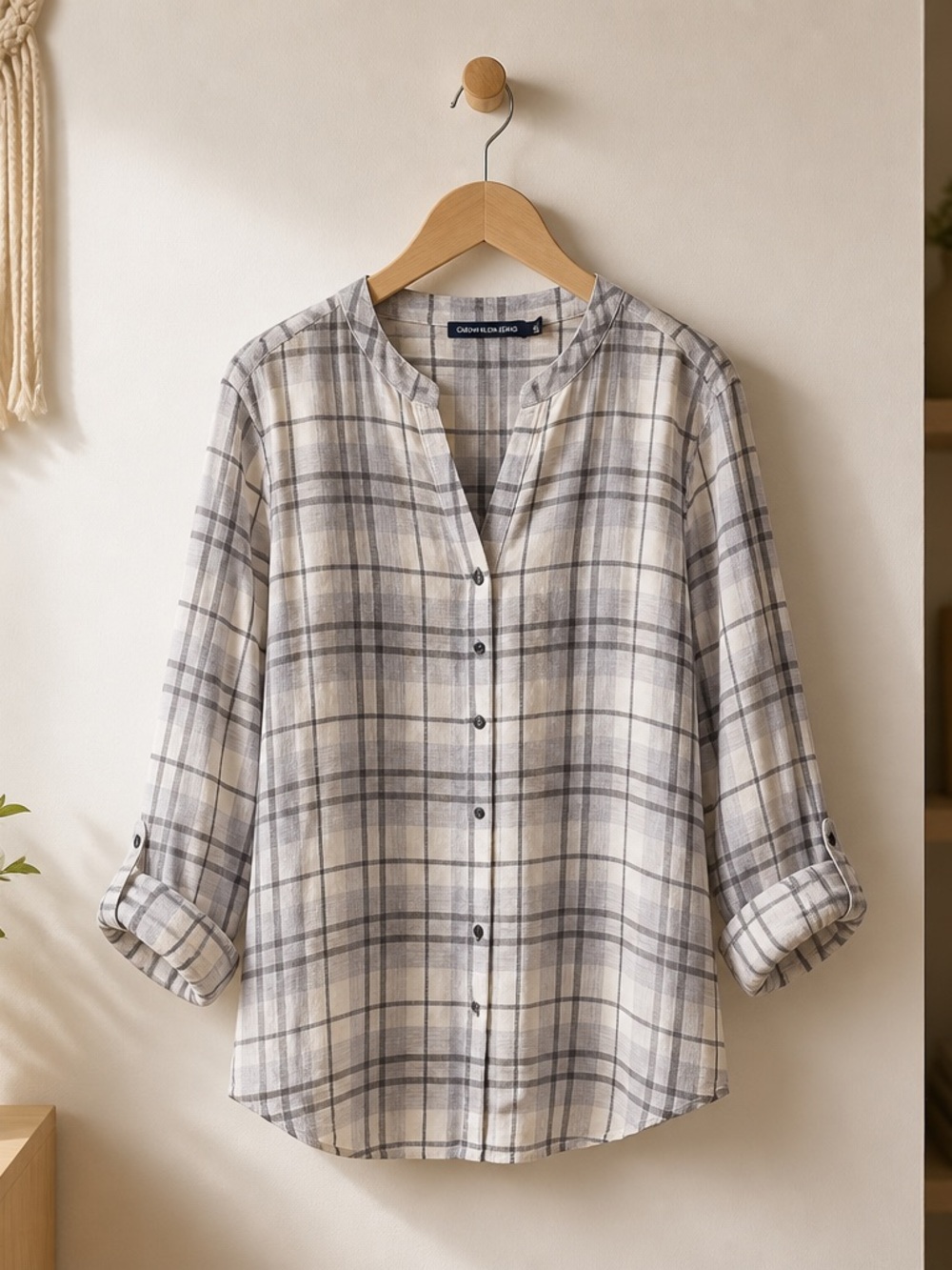 Calvin Klein Women’s Cotton Flannel Shirt Plaid Collarless Roll Tab Sleeve Med - Picture 3 of 16
